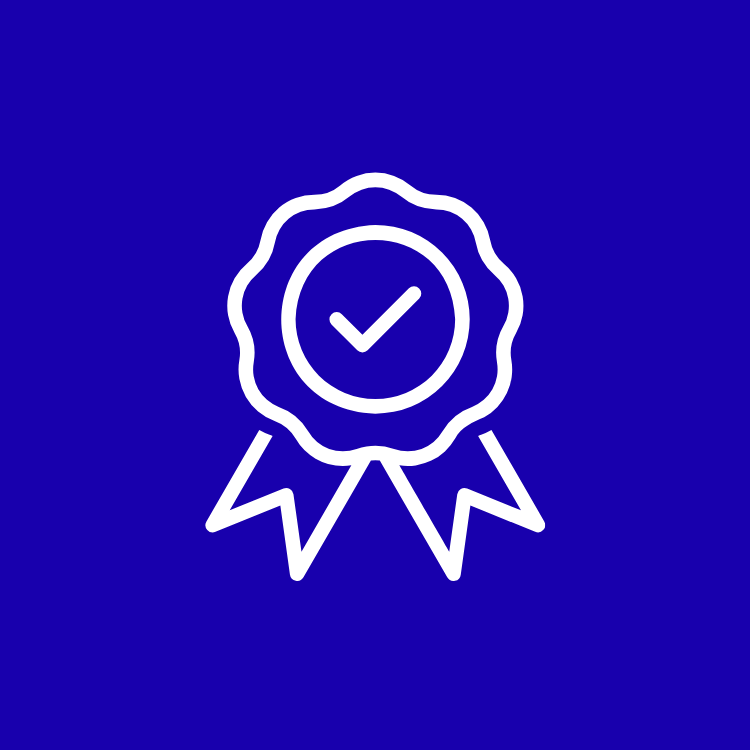 A simple white line-art icon of an award ribbon or seal of approval with a checkmark inside, symbolizing long-standing experience, legacy, or certified achievement, set against a solid dark blue background.