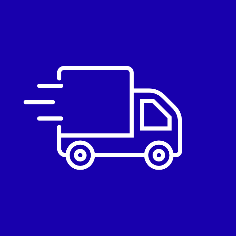 A simple white line-art icon of a delivery truck or van, moving quickly with speed lines trailing behind its cargo box, set against a solid, dark blue background.