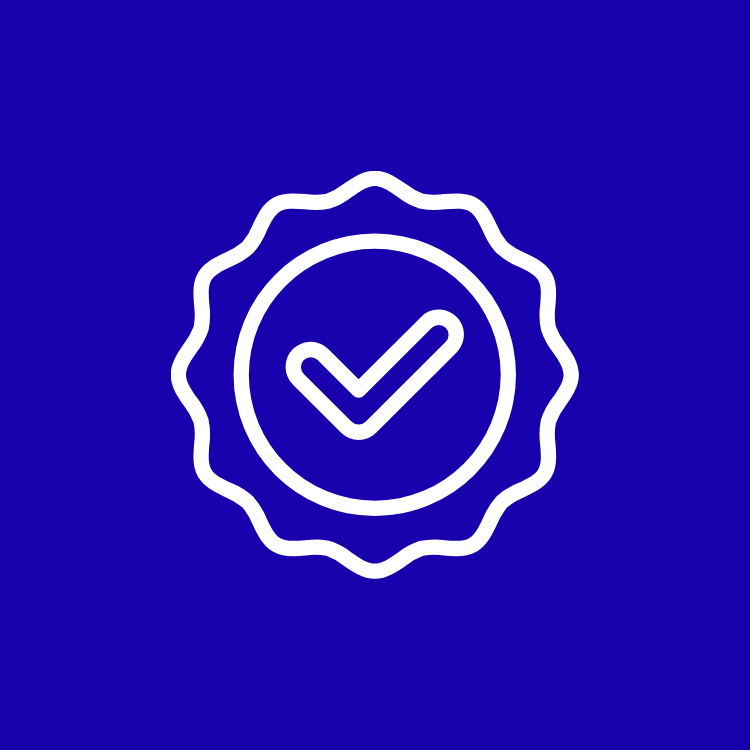 A simple white line-art icon of a checkmark (tick) centered inside a jagged-edged circle (a rosette or seal of approval), set against a solid, dark blue background.