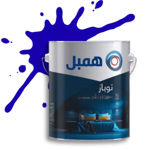 A metal can of Hempel Topaz Signature interior paint with a vibrant blue paint splash in the background.